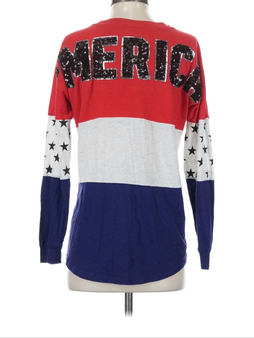 Victoria's Secret Pink 'Merica Sequin Bling Red Blue Varsity Crew Tee - XS